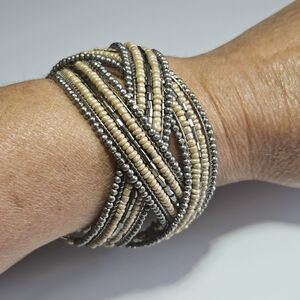 Wrap Cuff  Bracelet Silver Tone Beige Seed Beads Criss Cross Approx 7.75"